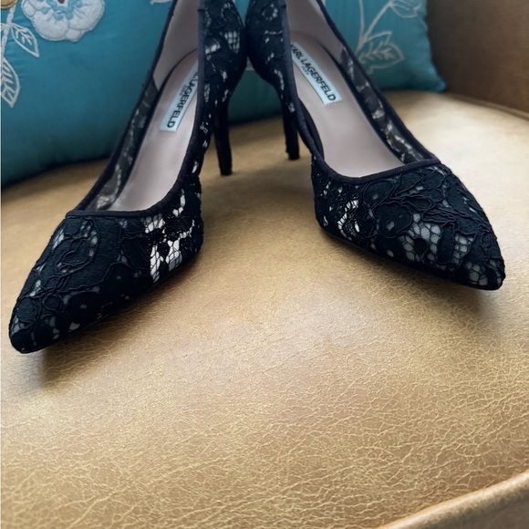 Karl Lagerfeld Womens Lace Pointed Toe High Heels Pumps Black - Picture 6 of 6